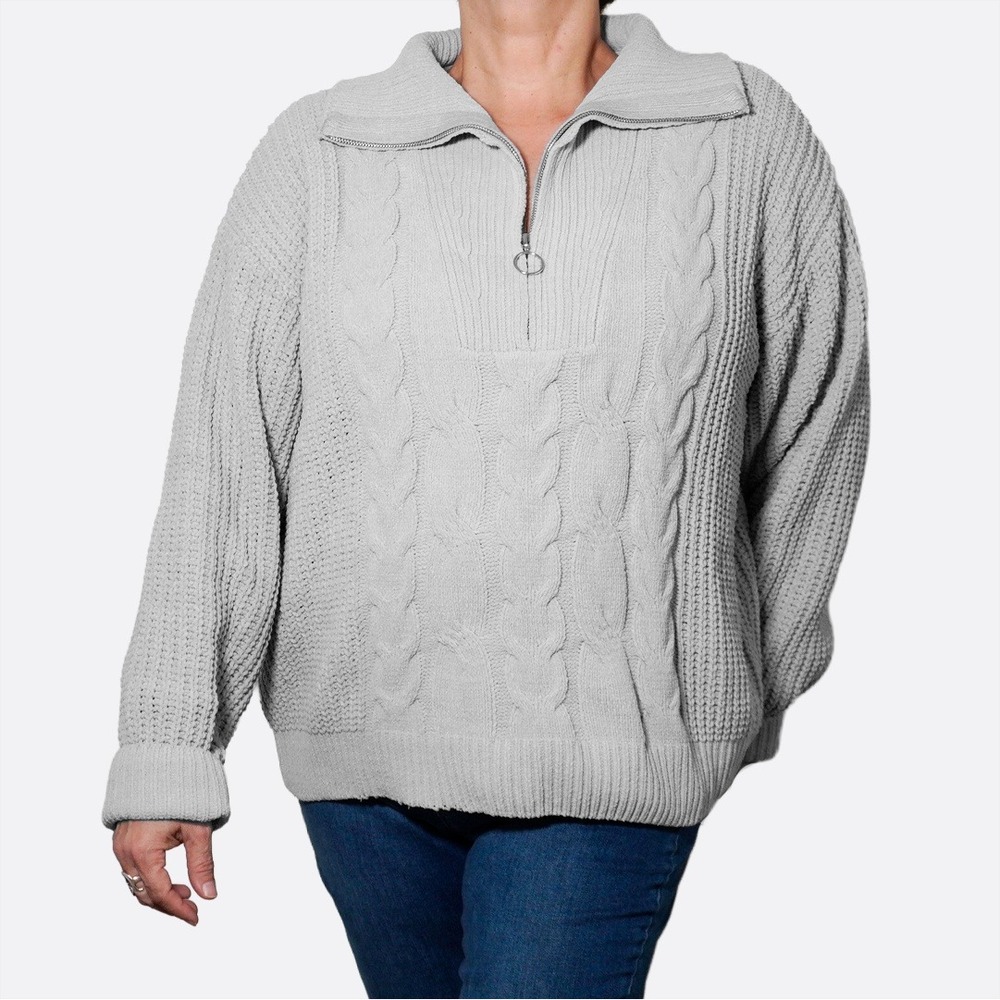 Soft Dove Grey Cable Knit Half-Zip Pullover Sweater Cozy Luxe Plus Size 2X